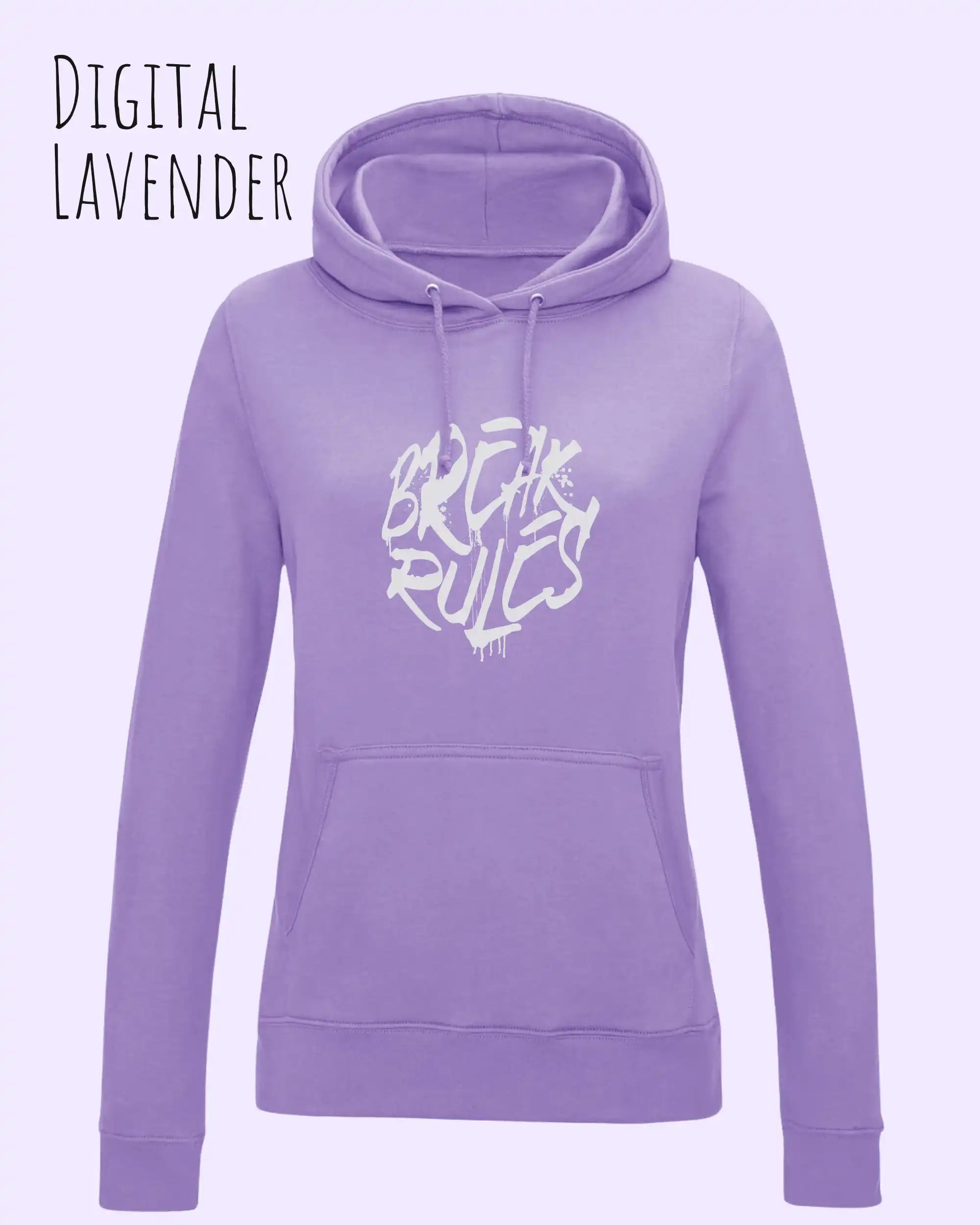 damen hoodie digital lavender im feminine fit aus weicher baumwollmischung mit design break rules
