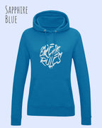 damen hoodie sapphire blue im feminine fit aus weicher baumwollmischung mit design break rules