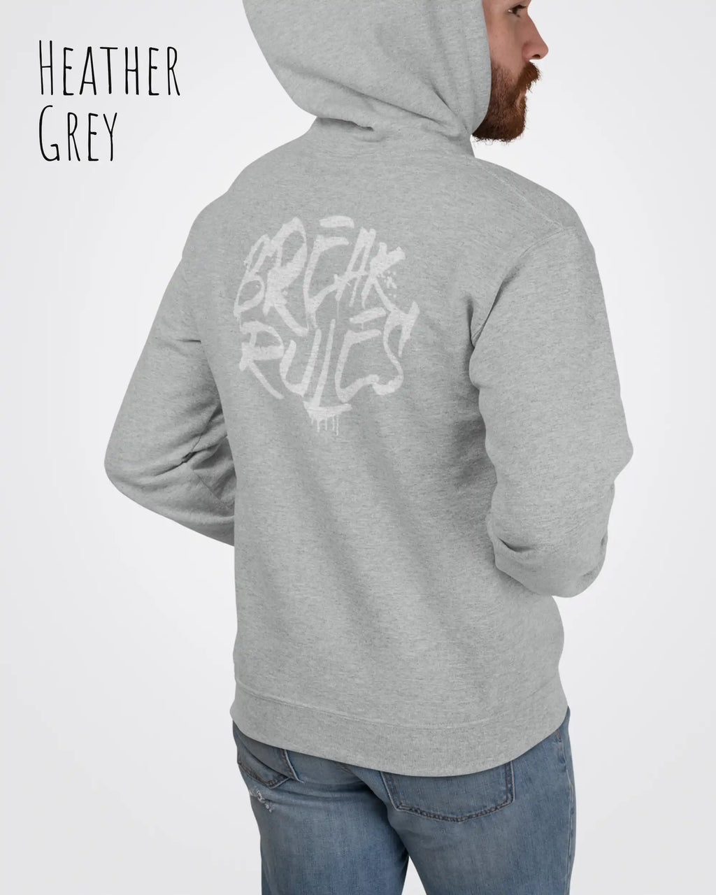 Mann trägt streetwear hoodie im oversize fit in farbe heather grey mit break rules motiv auf dem rücken