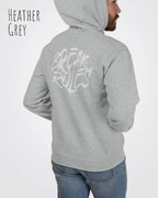 Mann trägt streetwear hoodie im oversize fit in farbe heather grey mit break rules motiv auf dem rücken