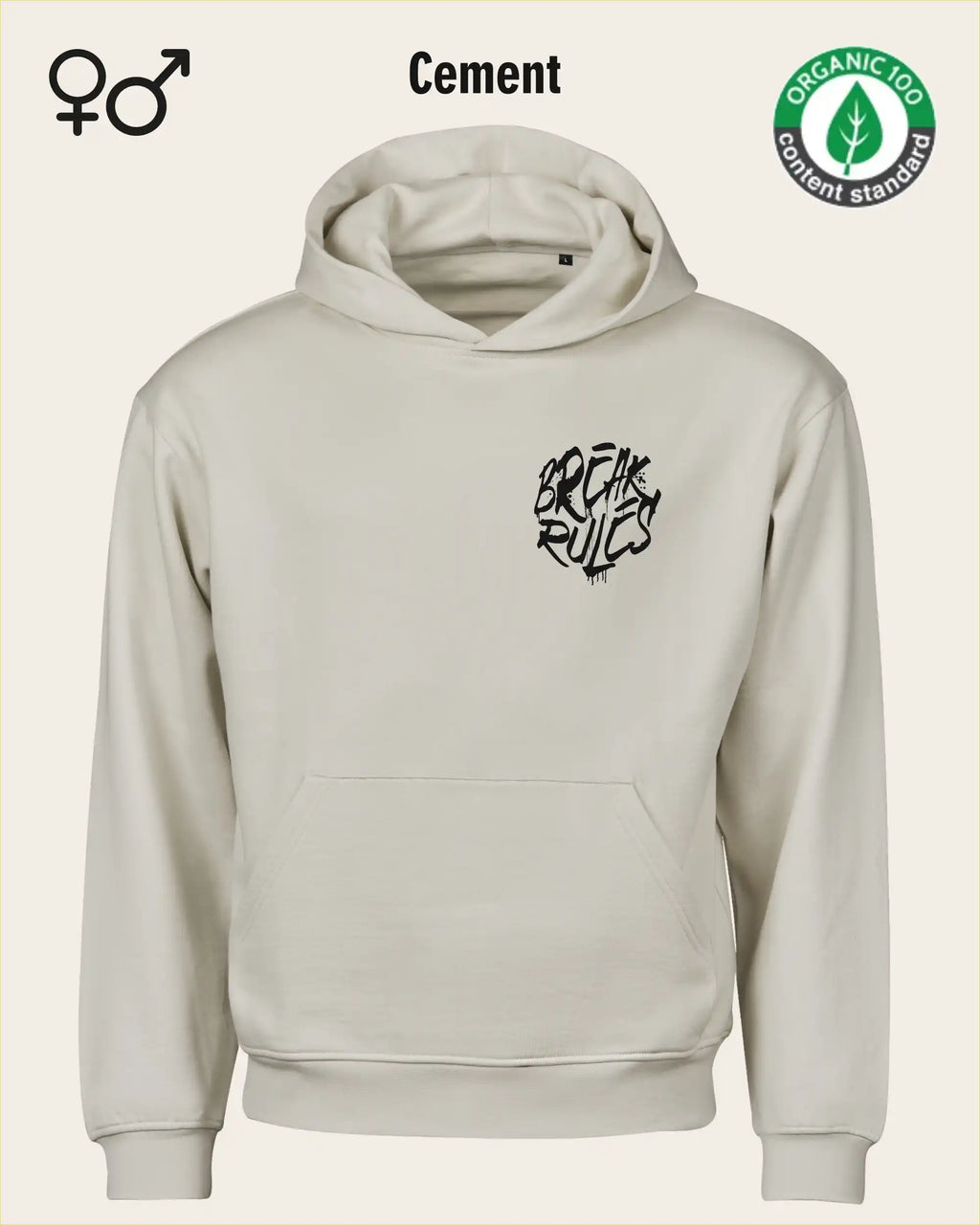 die Abbildung zeigt das Tee Jays Heavy Loose Fit Hooded Sweatshirt 5162 in der farbe cement mit dem design "break rules".