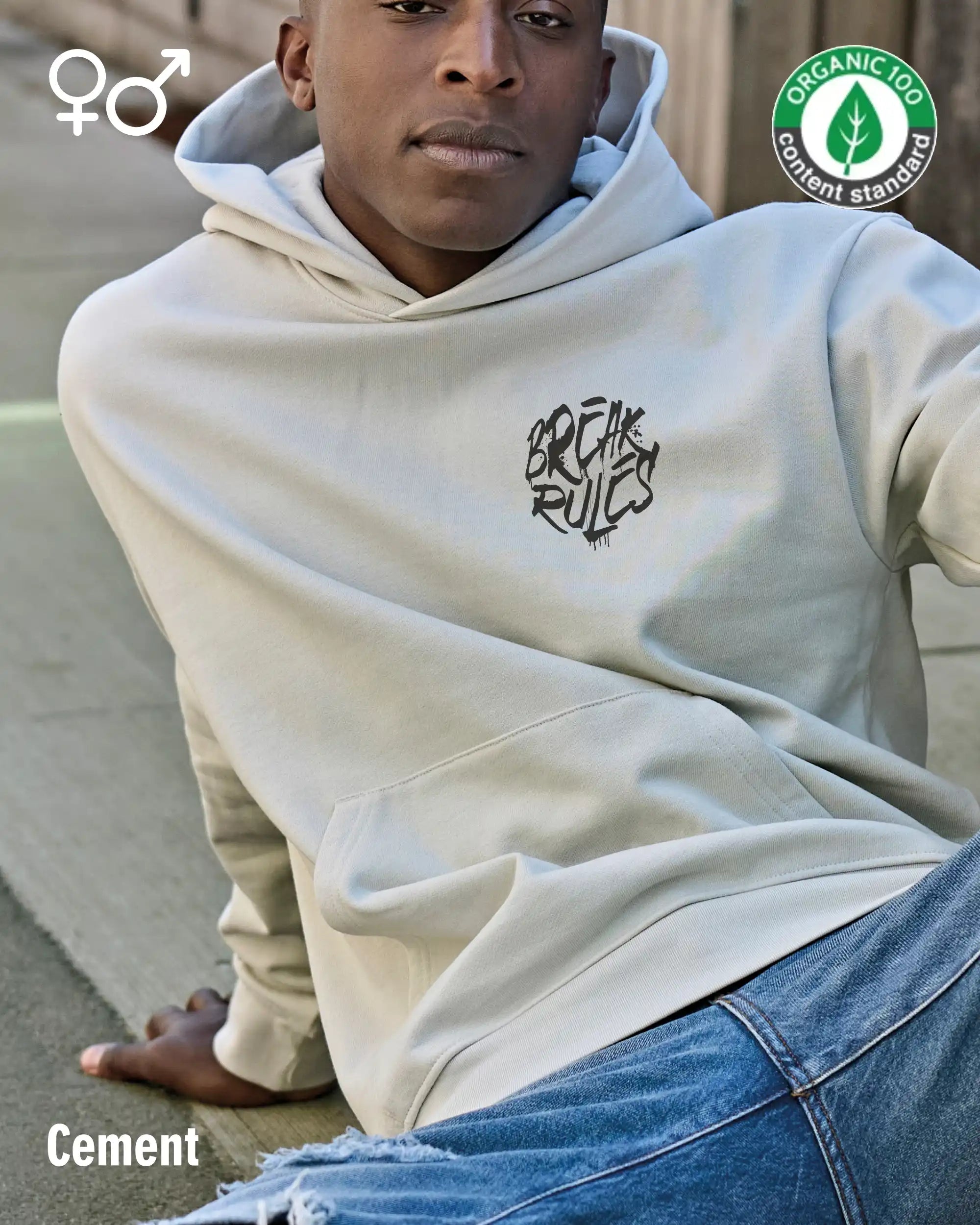 die Abbildung zeigt einen Mann, der das Tee Jays Heavy Loose Fit Hooded Sweatshirt 5162 in der farbe cement mit dem design "break rules" trägt.