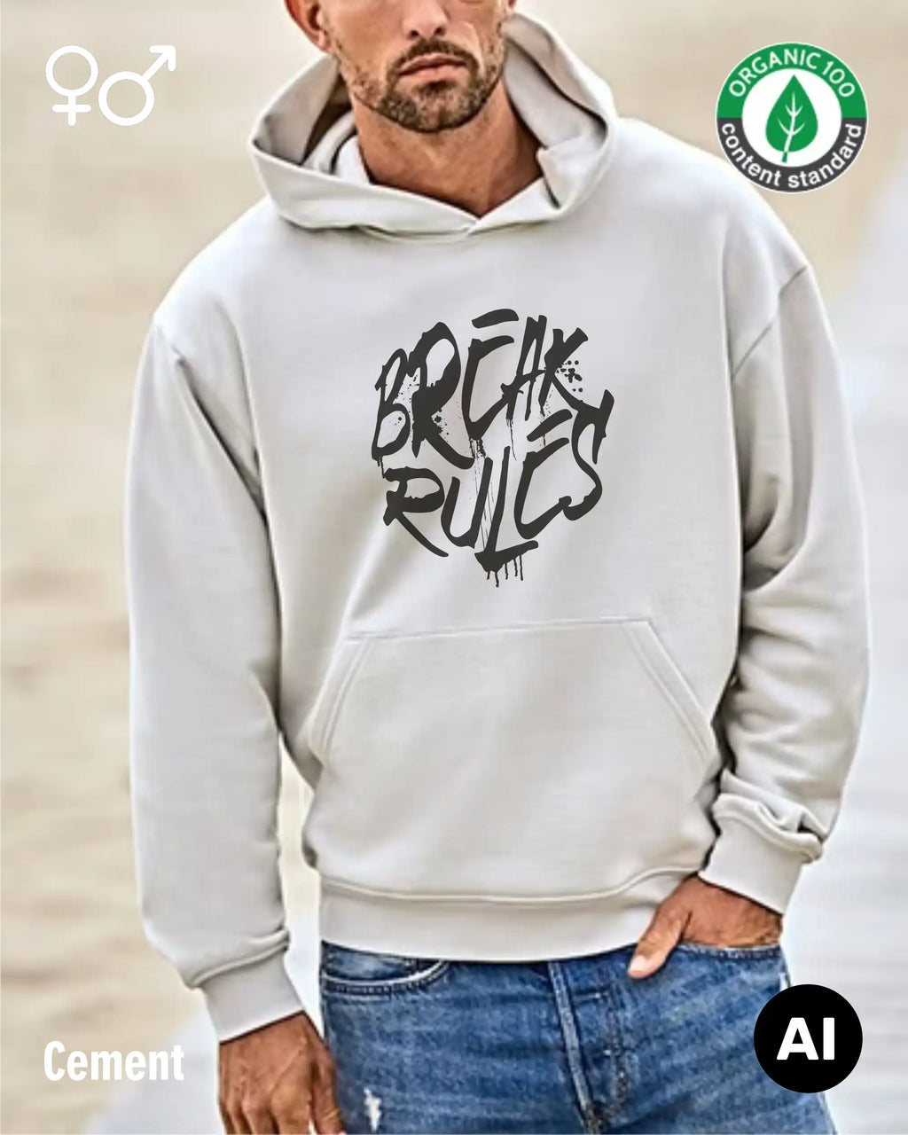 die Abbildung zeigt einen Mann, der das Tee Jays Heavy Loose Fit Hooded Sweatshirt 5162 in der farbe ink mit dem design "break rules" vorne mittig auf der brust  trägt..