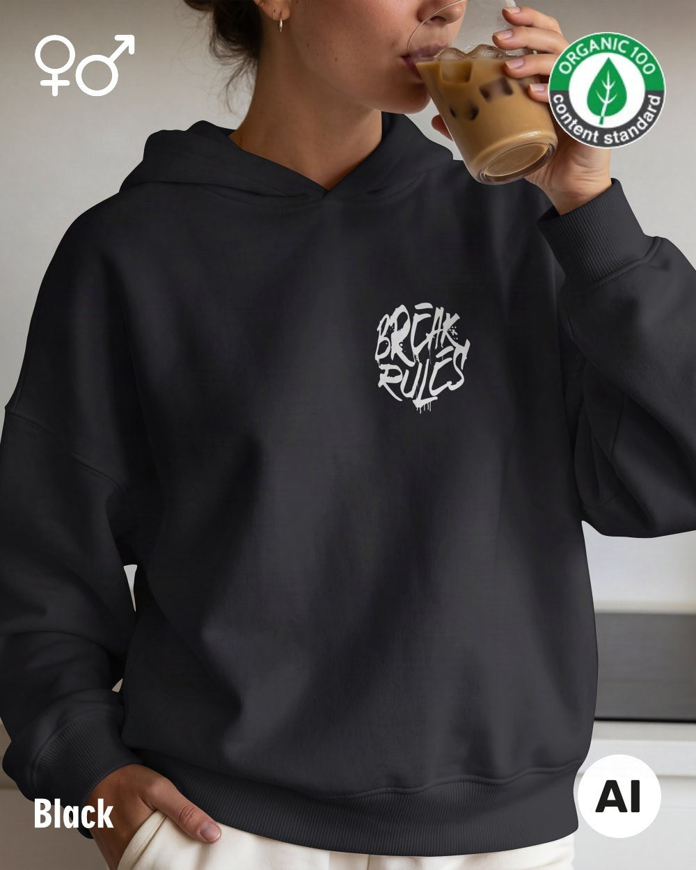 die Abbildung zeigt eine frau, die einen nachhaltigen Kapuzenpulli in der farbe black mit dem design "break rules" trägt..