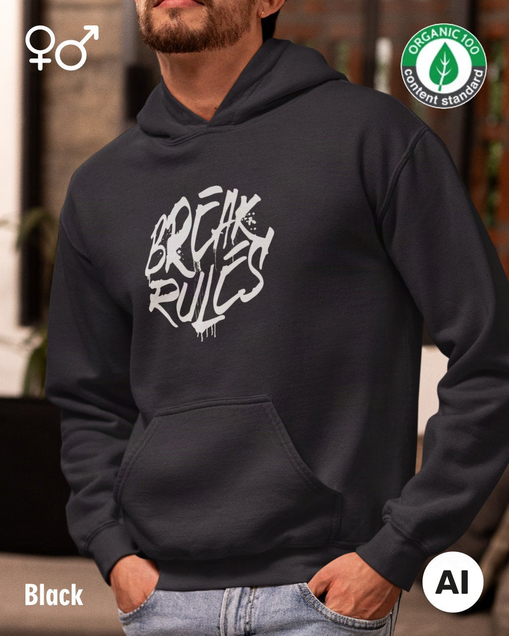 die Abbildung zeigt eine person, die einen nachhaltigen Kapuzenpulli in der farbe black mit dem design "break rules" vorne mittig trägt..