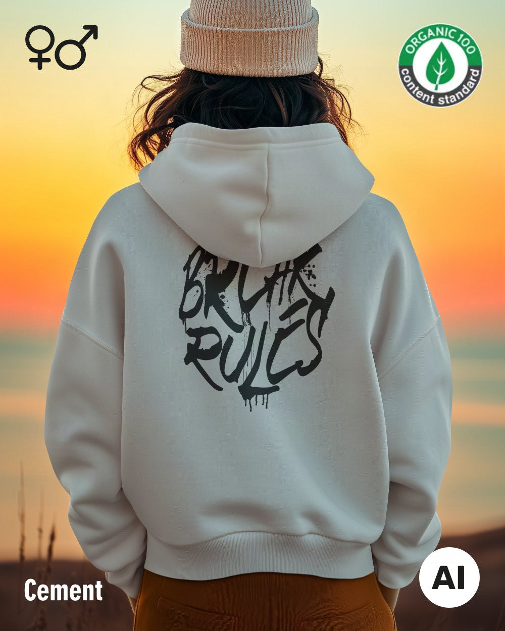die Abbildung zeigt eine person, die einen nachhaltigen Kapuzenpulli in der farbe cement mit dem backprint "break rules" trägt..