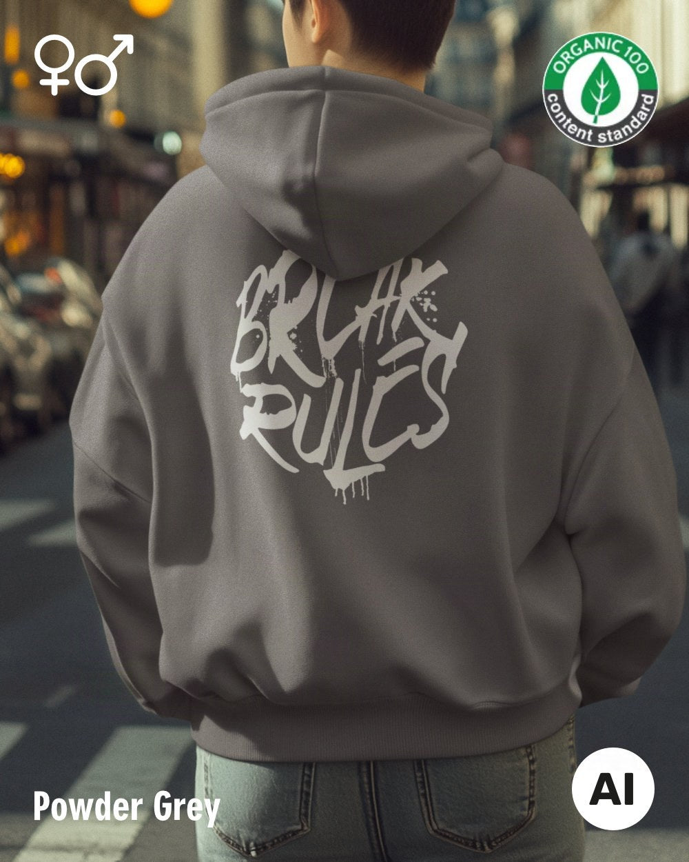 die Abbildung zeigt eine person, die einen nachhaltigen Kapuzenpulli in der farbe powder grey mit dem design "break rules" auf dem Rücken trägt.