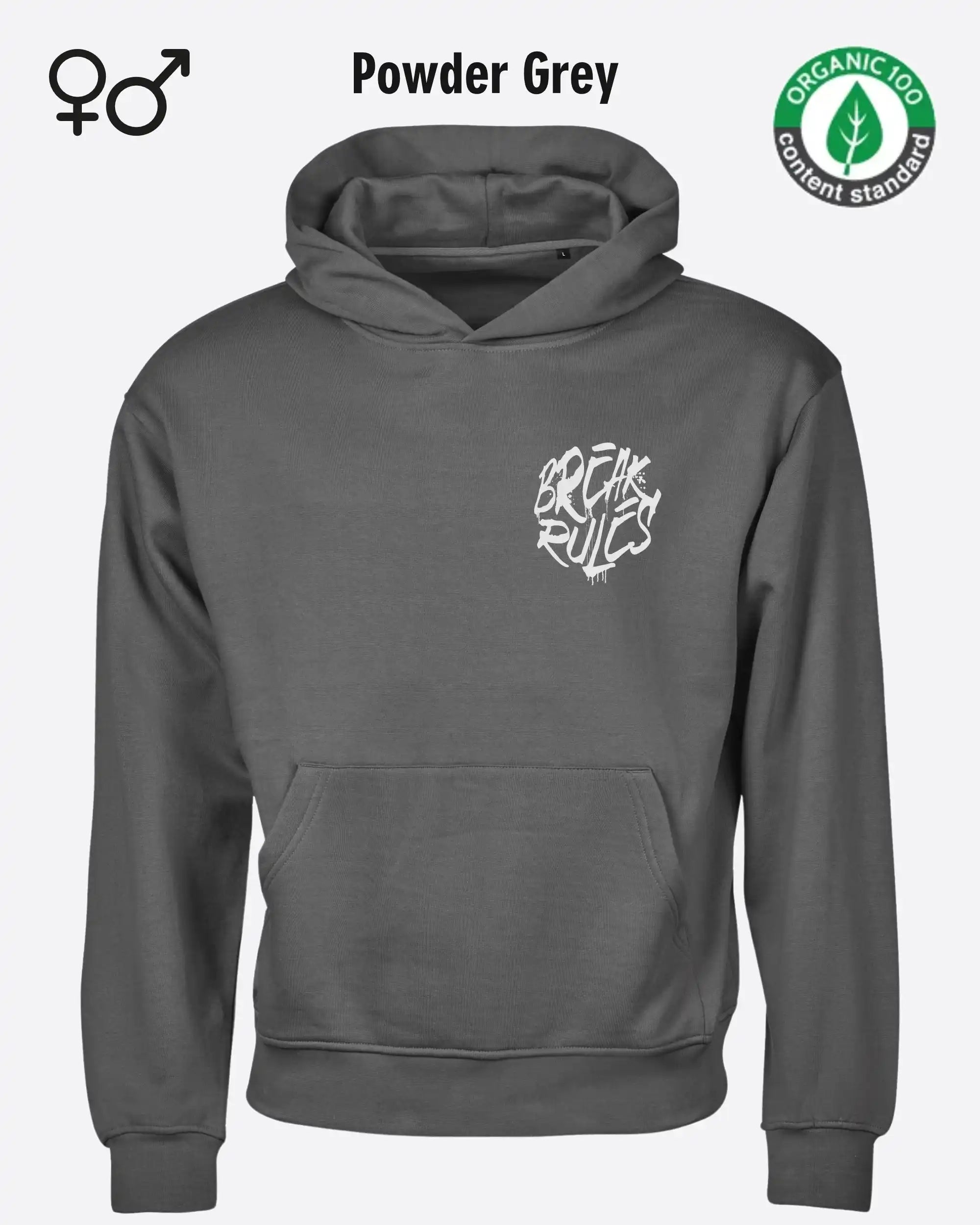 die Abbildung zeigt das Tee Jays Heavy Loose Fit Hooded Sweatshirt 5162 in der farbe powder grey mit dem design "break rules".