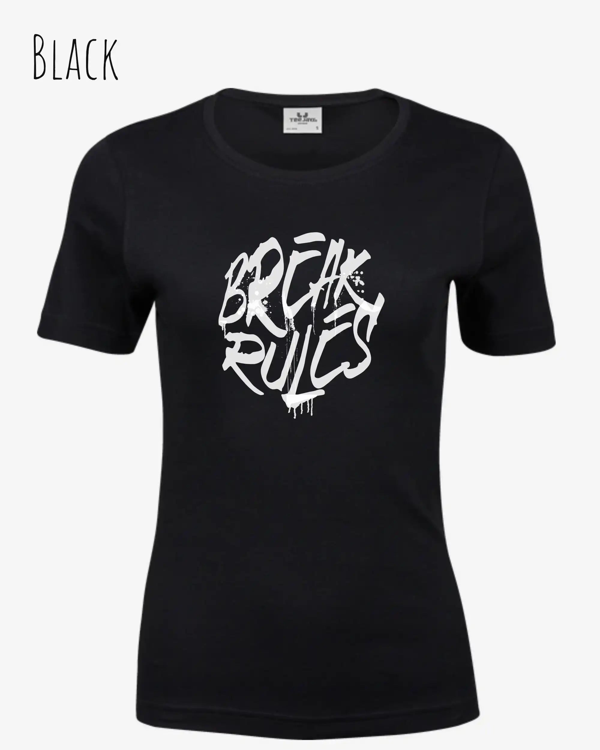 das bild zeigt das T-Shirt Tee Jays Women's Interlock Tee STYLE 580 in der farbe black mit dem design "break rules",