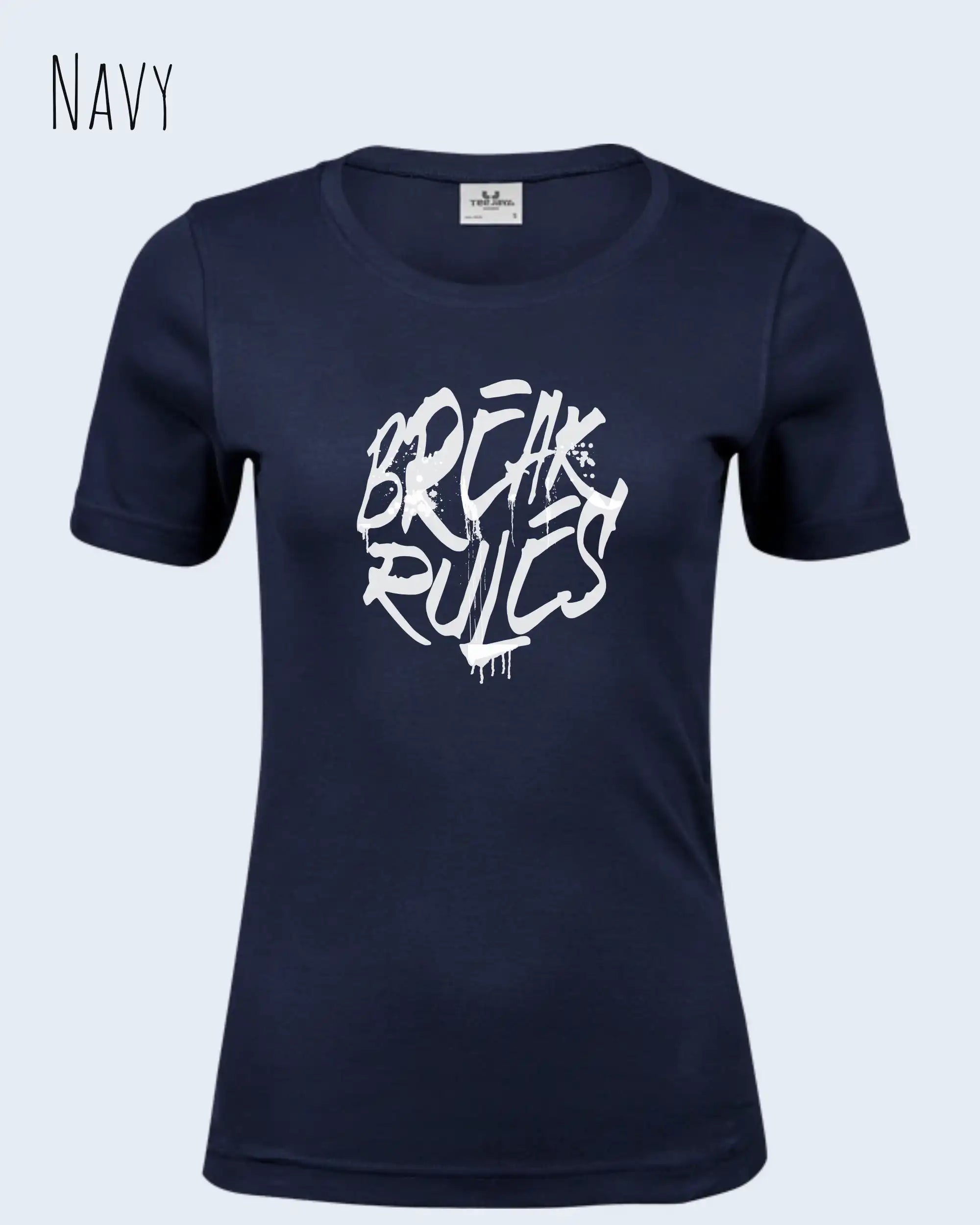 das bild zeigt das T-Shirt Tee Jays Women's Interlock Tee STYLE 580 in der farbe navy mit dem design "break rules",