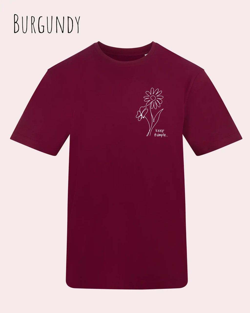 das bild zeigt das awdis t-shirt 180 T in Burgund mit dem design keep it simple.