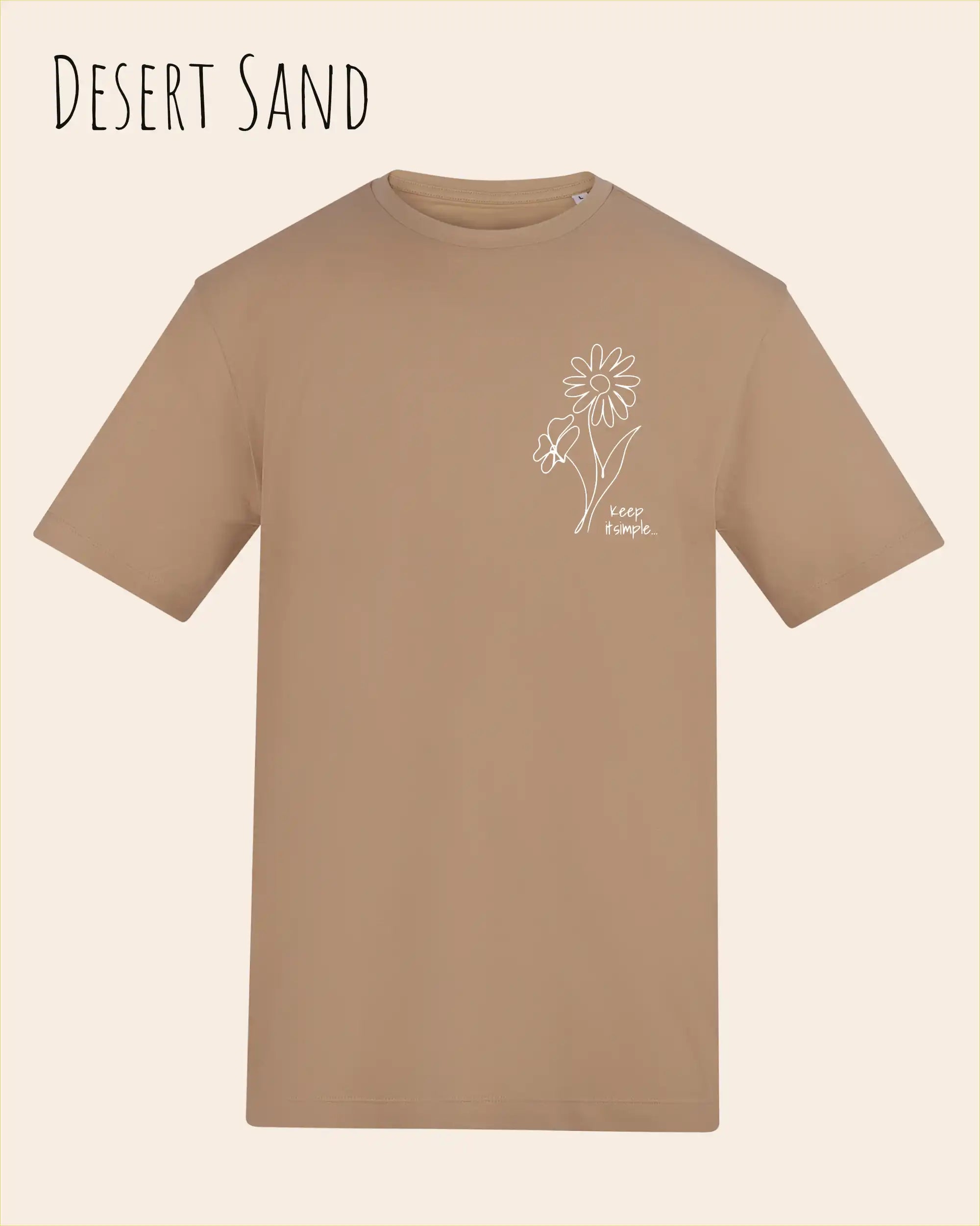 das bild zeigt das awdis t-shirt 180 T in desert sand mit dem design keep it simple.