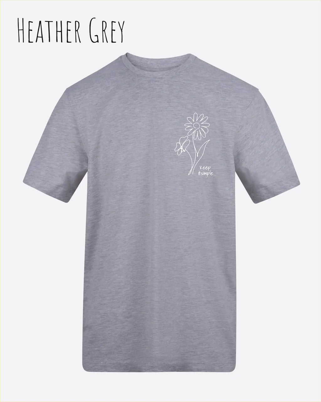 das bild zeigt das awdis t-shirt 180 T in heather grey mit dem design keep it simple.
