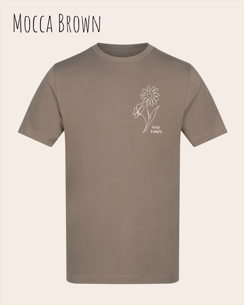 das bild zeigt das awdis t-shirt 180 T in Mocca brown mit dem design keep it simple.