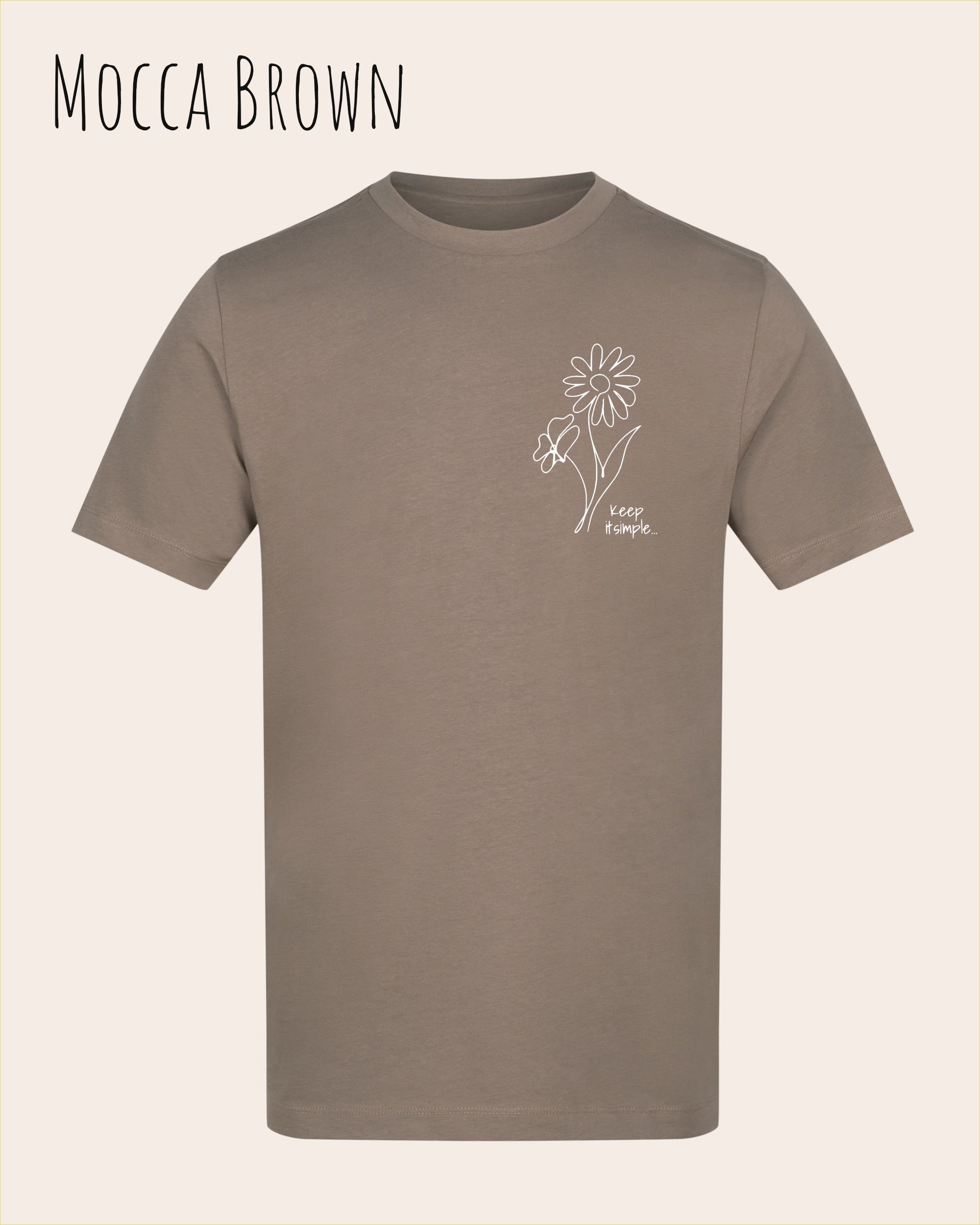 das bild zeigt das awdis t-shirt 180 T in Mocca brown mit dem design keep it simple.