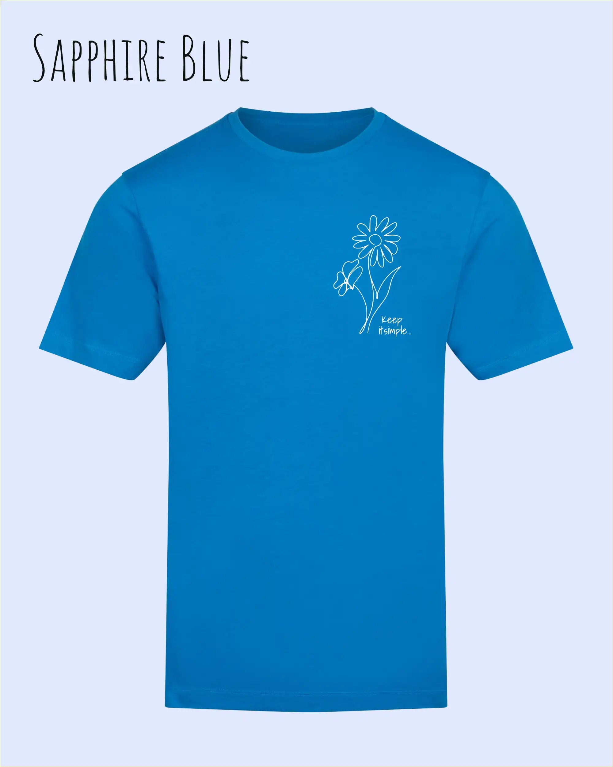 das bild zeigt das awdis t-shirt 180 T in sapphire blue mit dem design keep it simple.