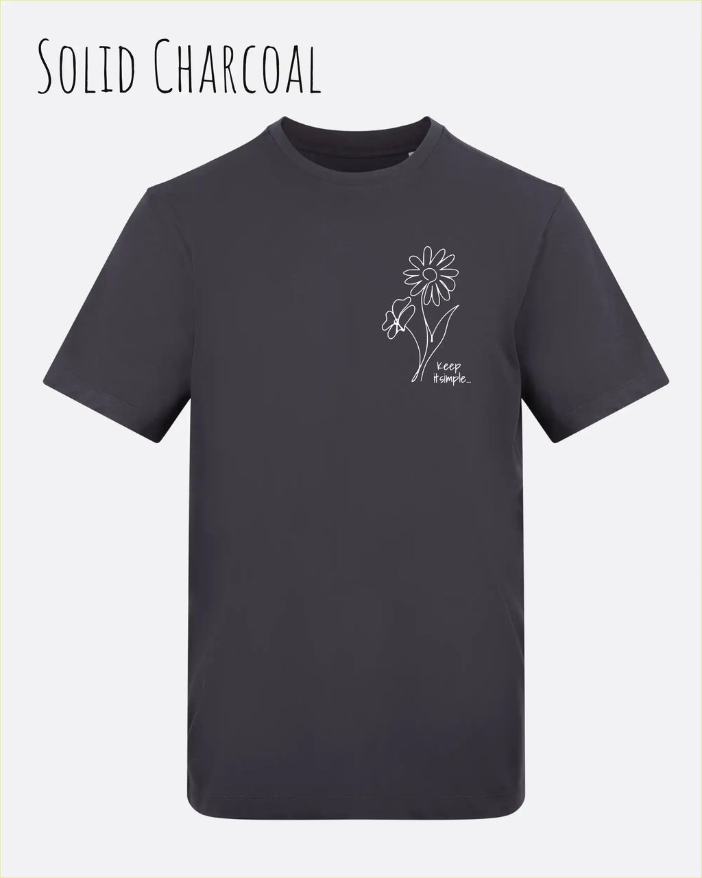 das bild zeigt das awdis t-shirt 180 T in solid charcoal mit dem design keep it simple.