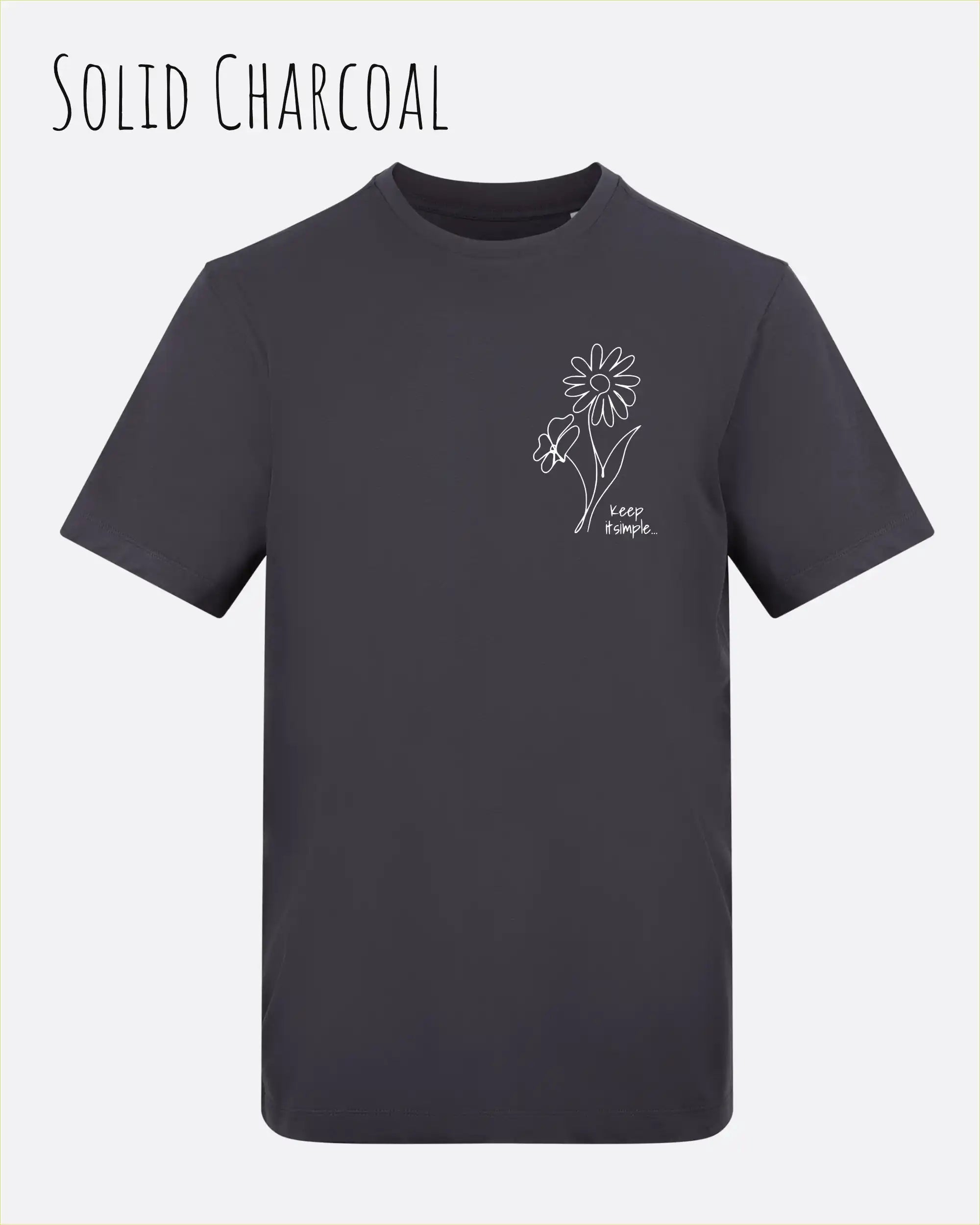 das bild zeigt das awdis t-shirt 180 T in solid charcoal mit dem design keep it simple.