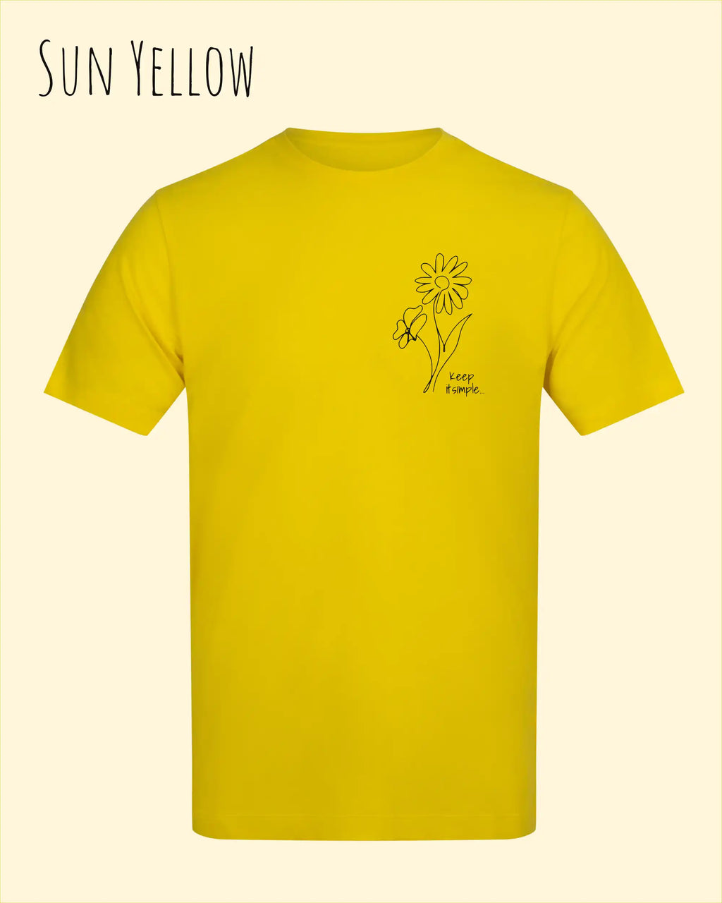 das bild zeigt das awdis t-shirt 180 T in sun yellow mit dem design keep it simple.