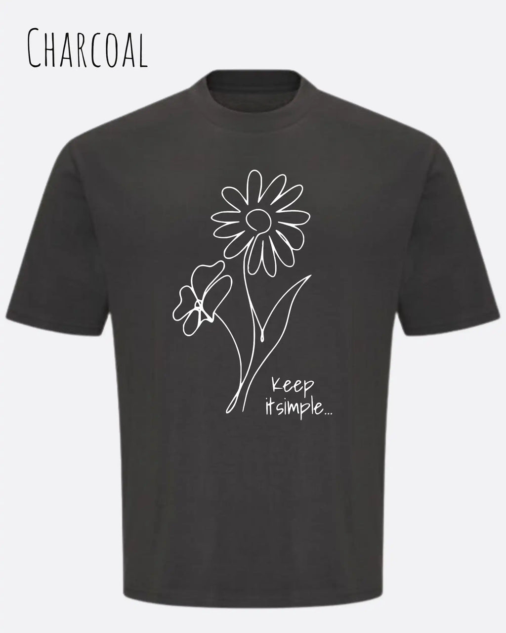 die Abbildung zeigt ein oversized heavyweight design-t-shirt in der farbe charcoal und mit dem motiv keep it simple.
