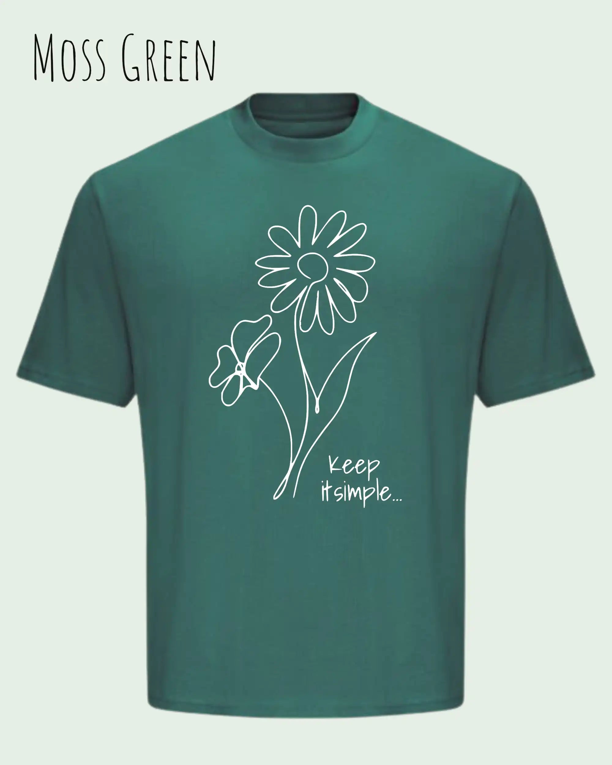 die Abbildung zeigt ein oversized heavyweight design-t-shirt in der farbe moss green und mit dem motiv keep it simple.