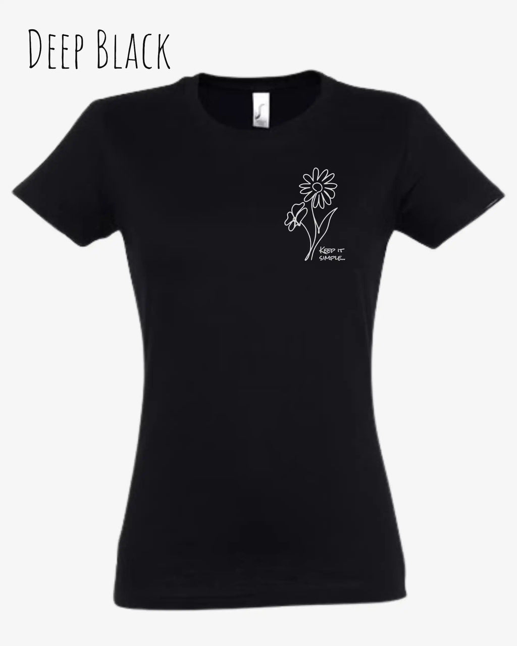 Das Bild zeigt das Basic Design-T-Shirt mit tailliertem Schnitt in der Farbe deep black und mit dem statement keeü it simple.