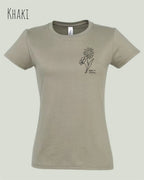 Das Bild zeigt das Basic Design-T-Shirt mit tailliertem Schnitt in der Farbe khaki und mit dem statement keeü it simple.
