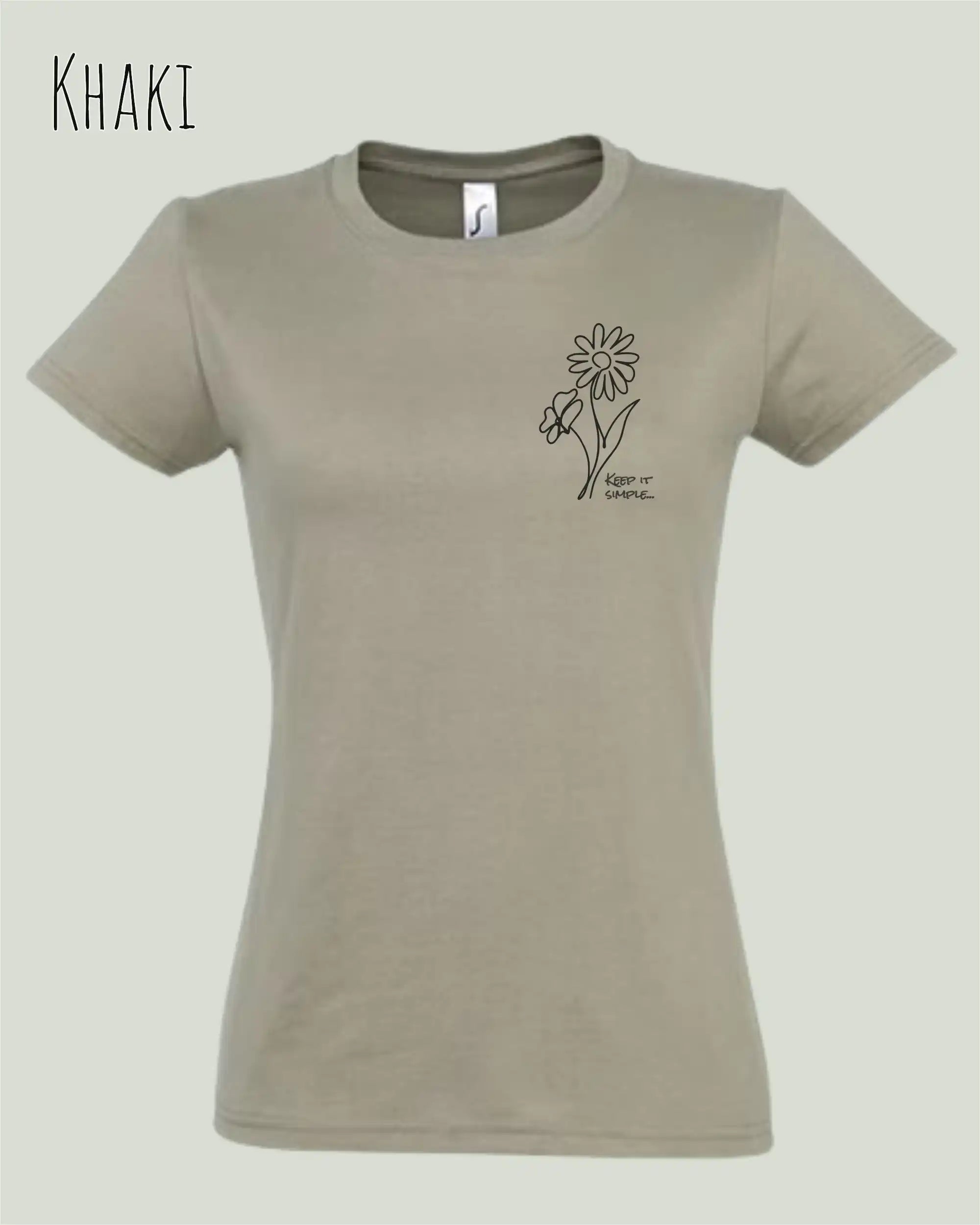 Das Bild zeigt das Basic Design-T-Shirt mit tailliertem Schnitt in der Farbe khaki und mit dem statement keeü it simple.
