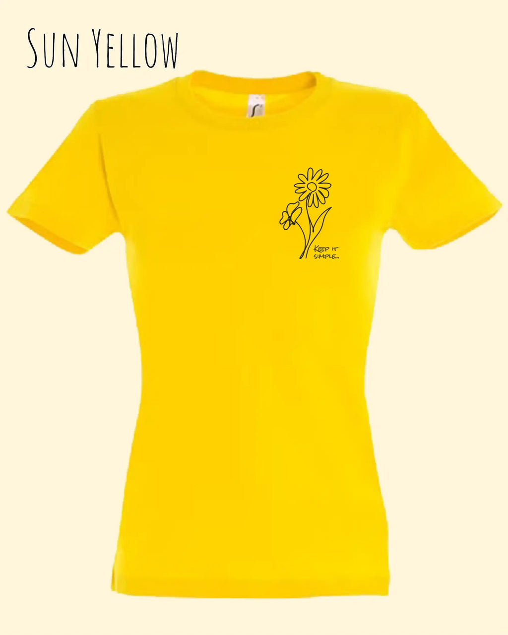 Das Bild zeigt das Basic Design-T-Shirt mit tailliertem Schnitt in der Farbe sun yellow und mit dem statement keeü it simple.