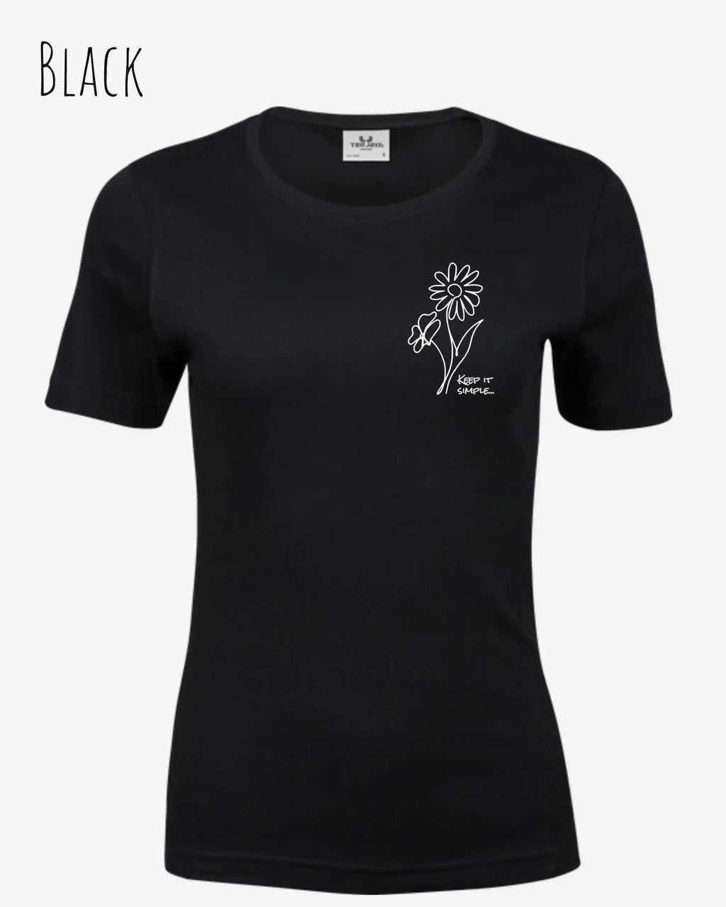 Das Bild zeigt das Organic Premium T-Shirt in der Farbe Black mit dem Statement-Design keep it simple.