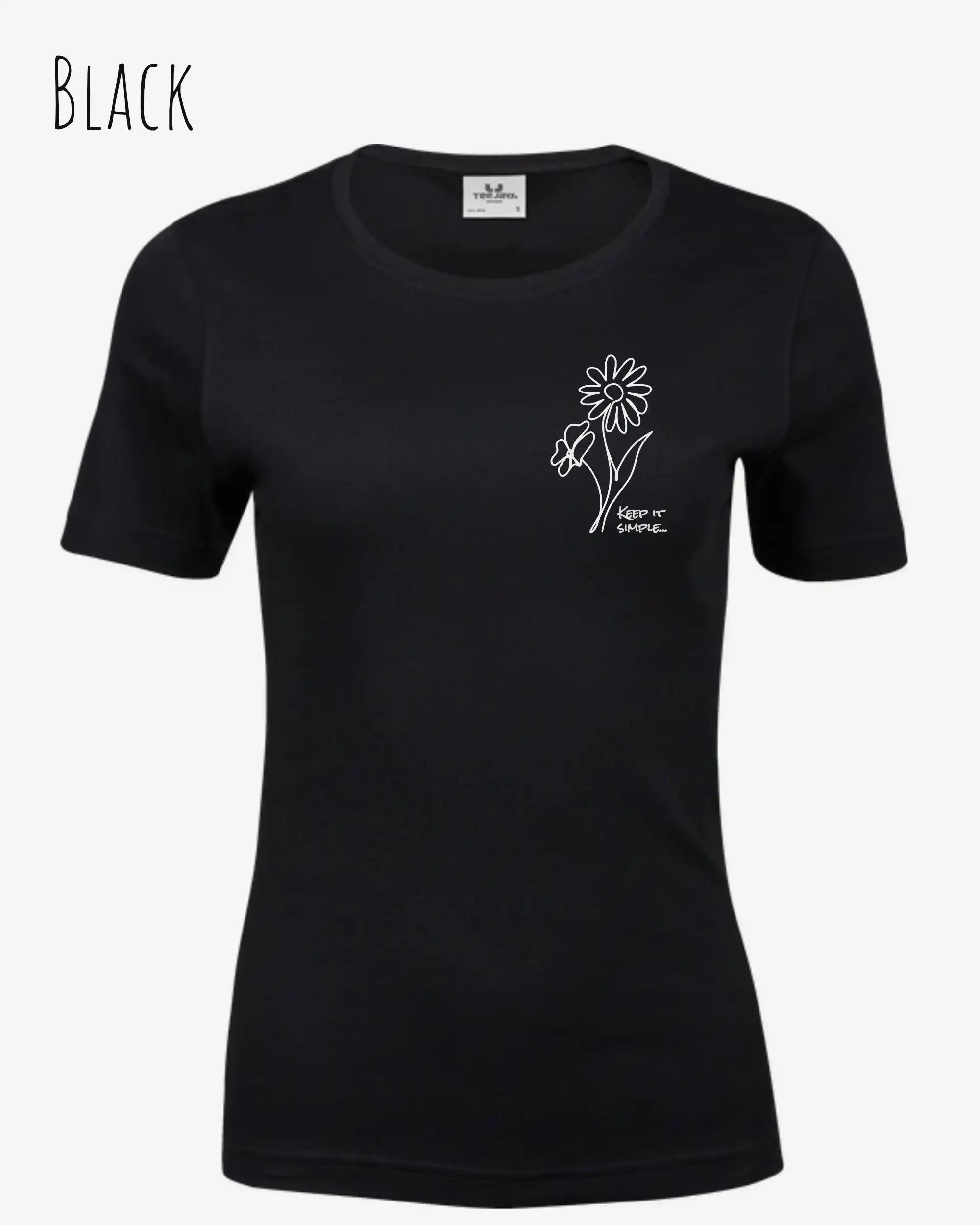 Das Bild zeigt das Organic Premium T-Shirt in der Farbe Black mit dem Statement-Design keep it simple.