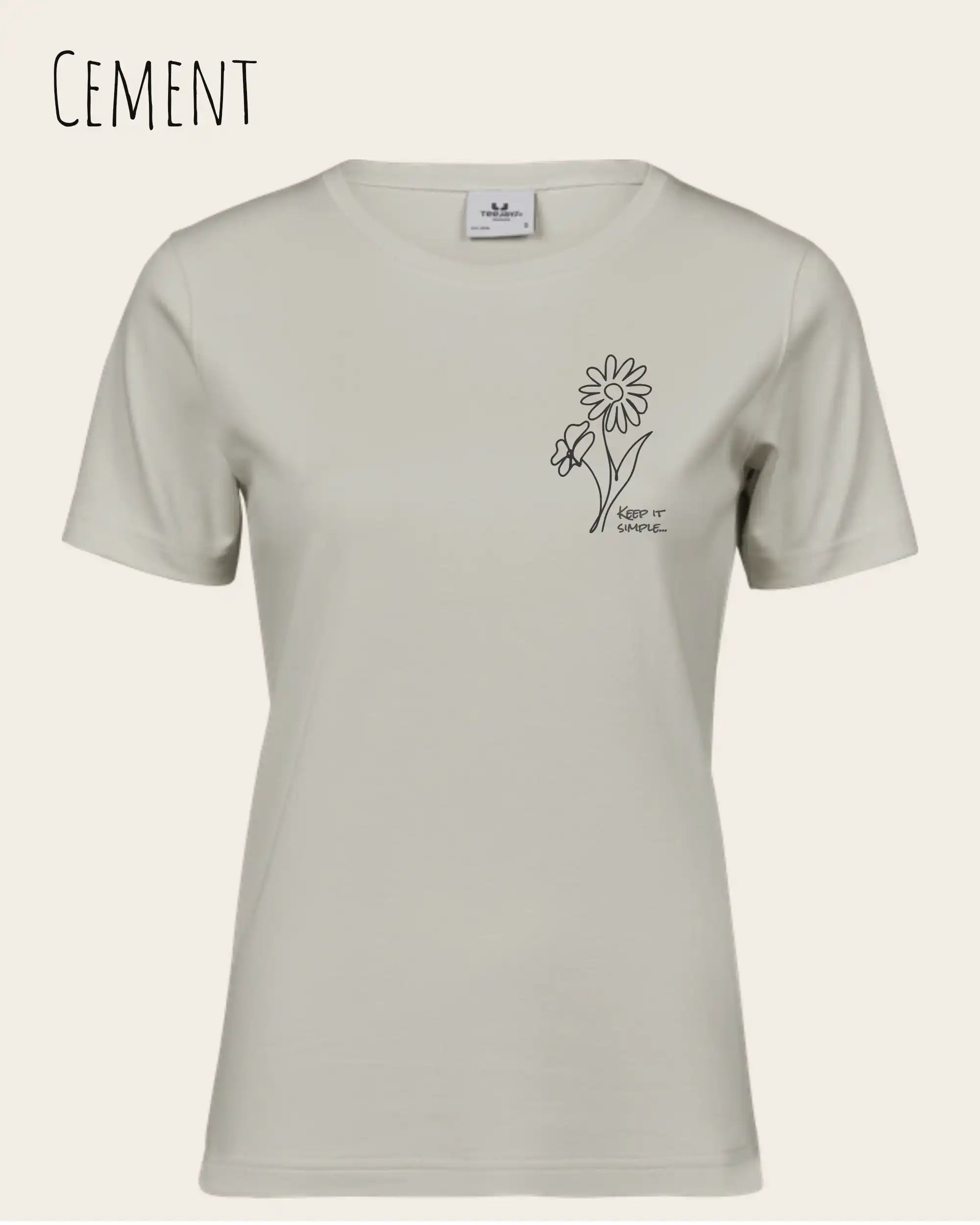 Das Bild zeigt das Organic Premium T-Shirt in der Farbe cement mit dem Statement-Design keep it simple.