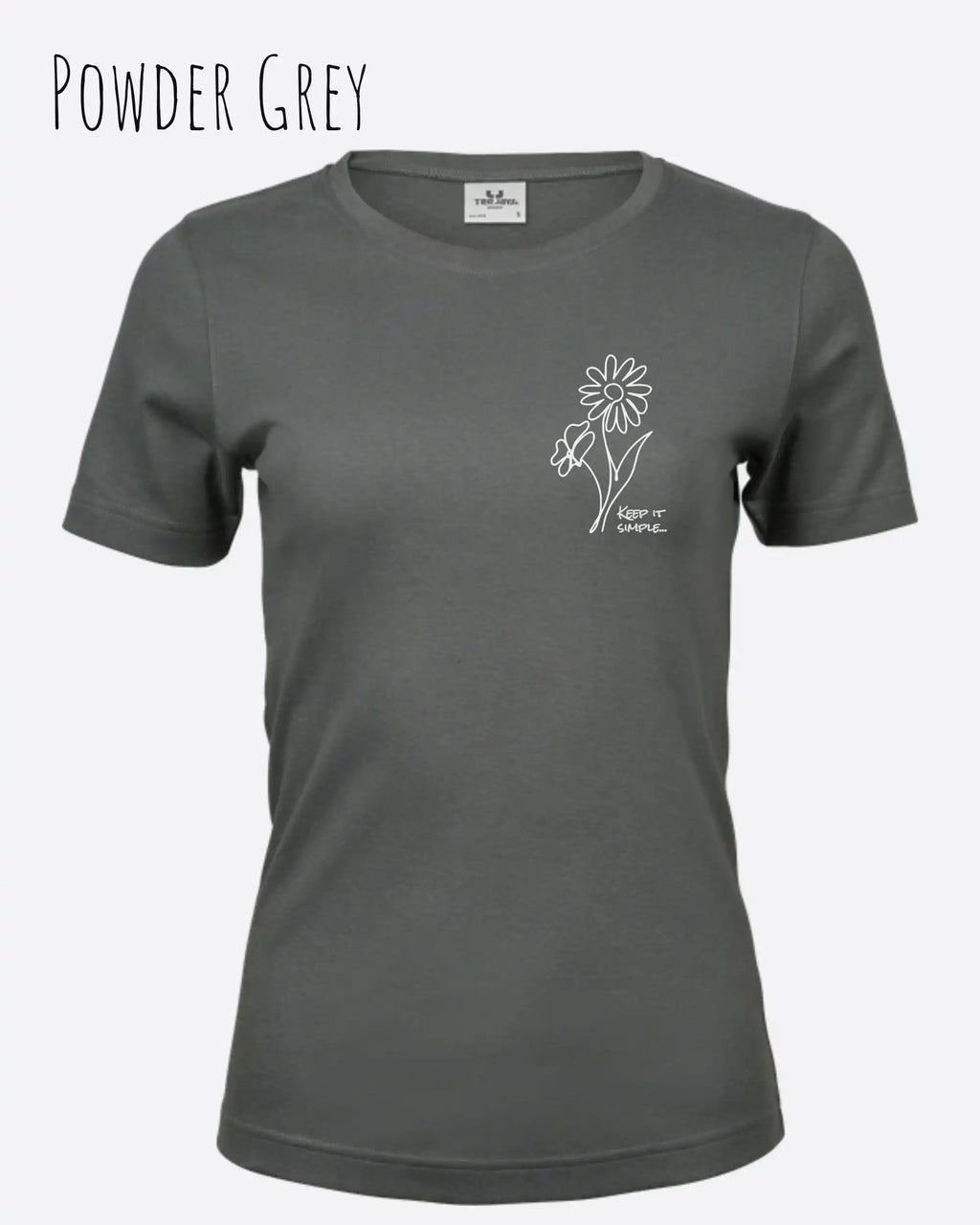 Das Bild zeigt das Organic Premium T-Shirt in der Farbe powder grey mit dem Statement-Design keep it simple.