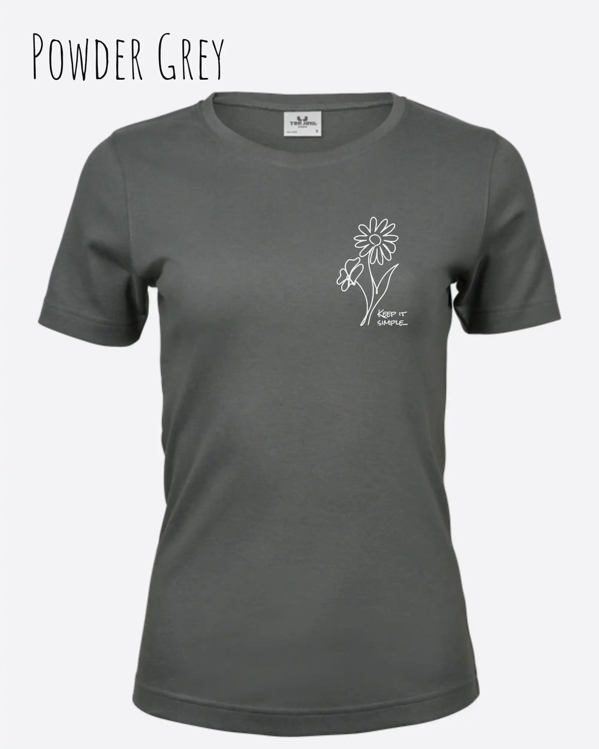 Das Bild zeigt das Organic Premium T-Shirt in der Farbe powder grey mit dem Statement-Design keep it simple.