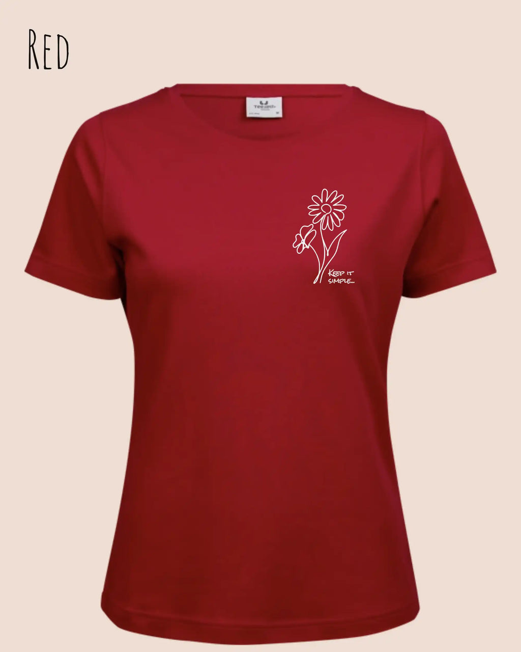 Das Bild zeigt das Organic Premium T-Shirt in der Farbe red mit dem Statement-Design keep it simple.