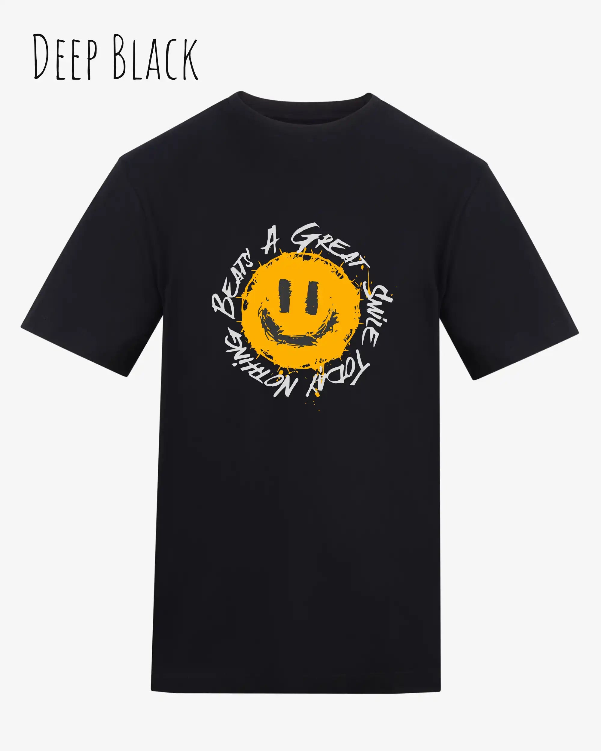 Das Bild zeigt das T-Shirt AWDIS 180 T in der Farbe deep black mit dem Design Nothing beats a great smile.