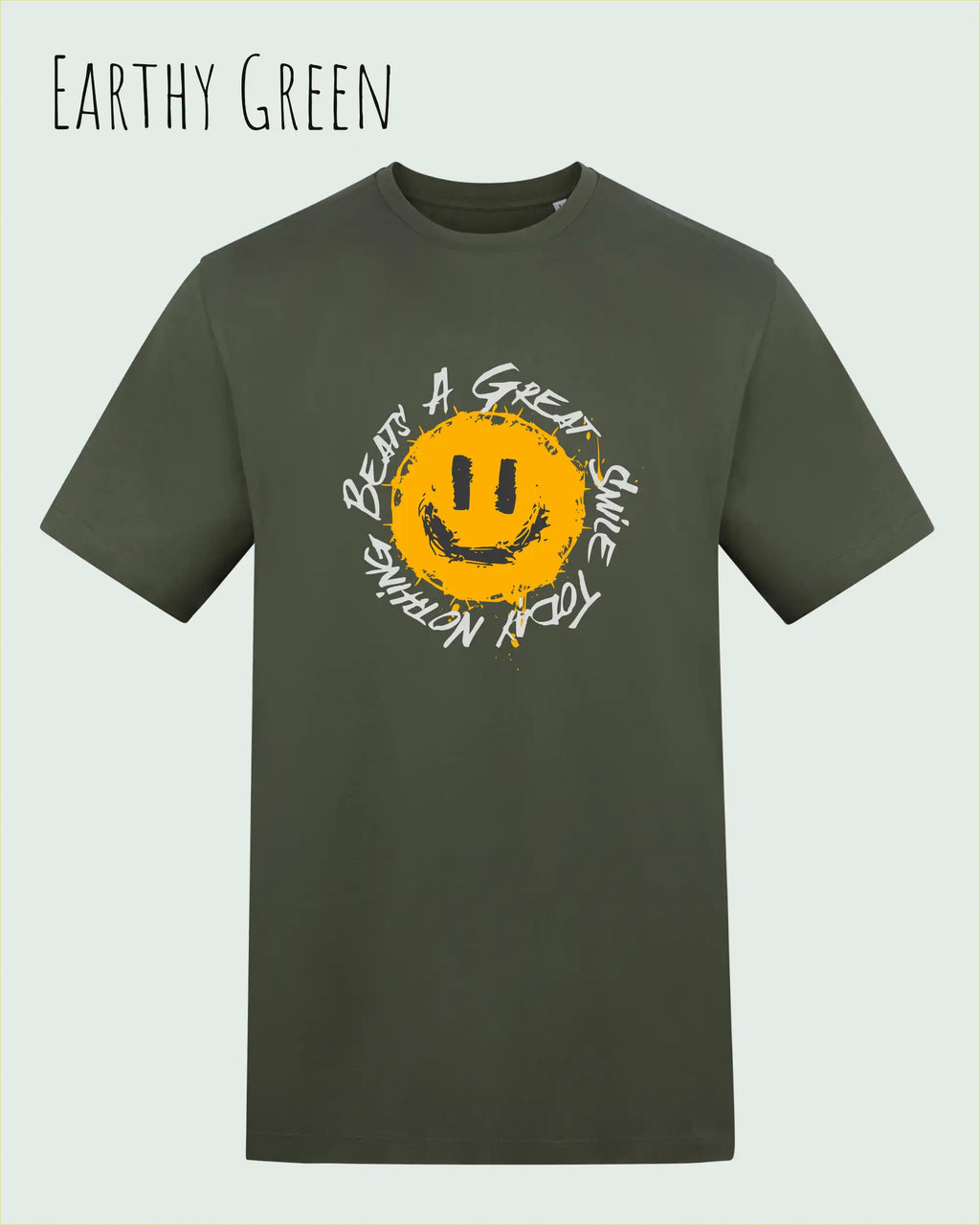 Das Bild zeigt das T-Shirt AWDIS 180 T in der Farbe earthy green mit dem Design Nothing beats a great smile.