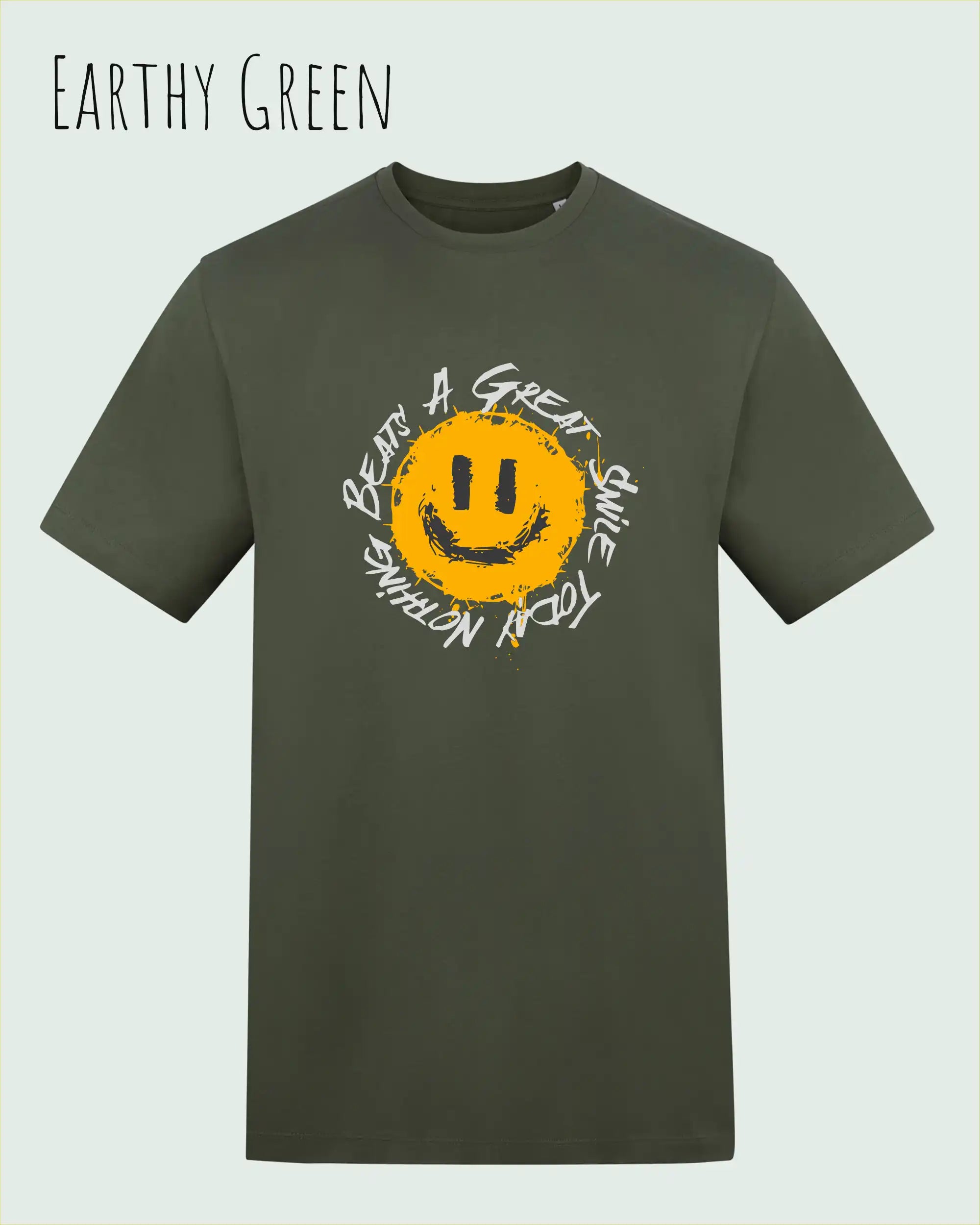 Das Bild zeigt das T-Shirt AWDIS 180 T in der Farbe earthy green mit dem Design Nothing beats a great smile.