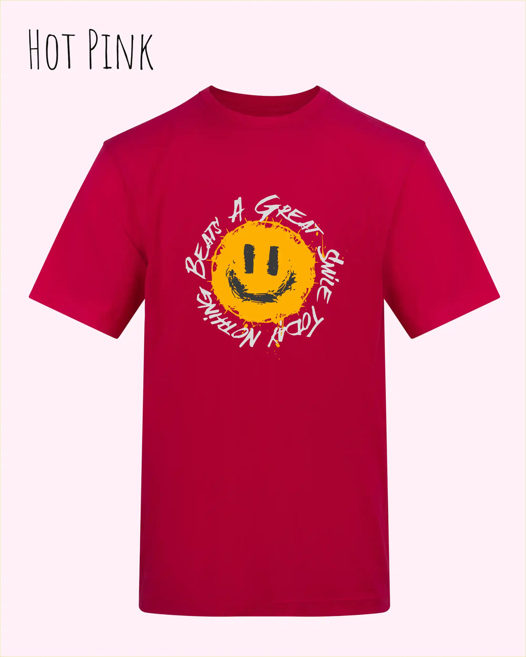 Das Bild zeigt das T-Shirt AWDIS 180 T in der Farbe hot pink mit dem Design Nothing beats a great smile.