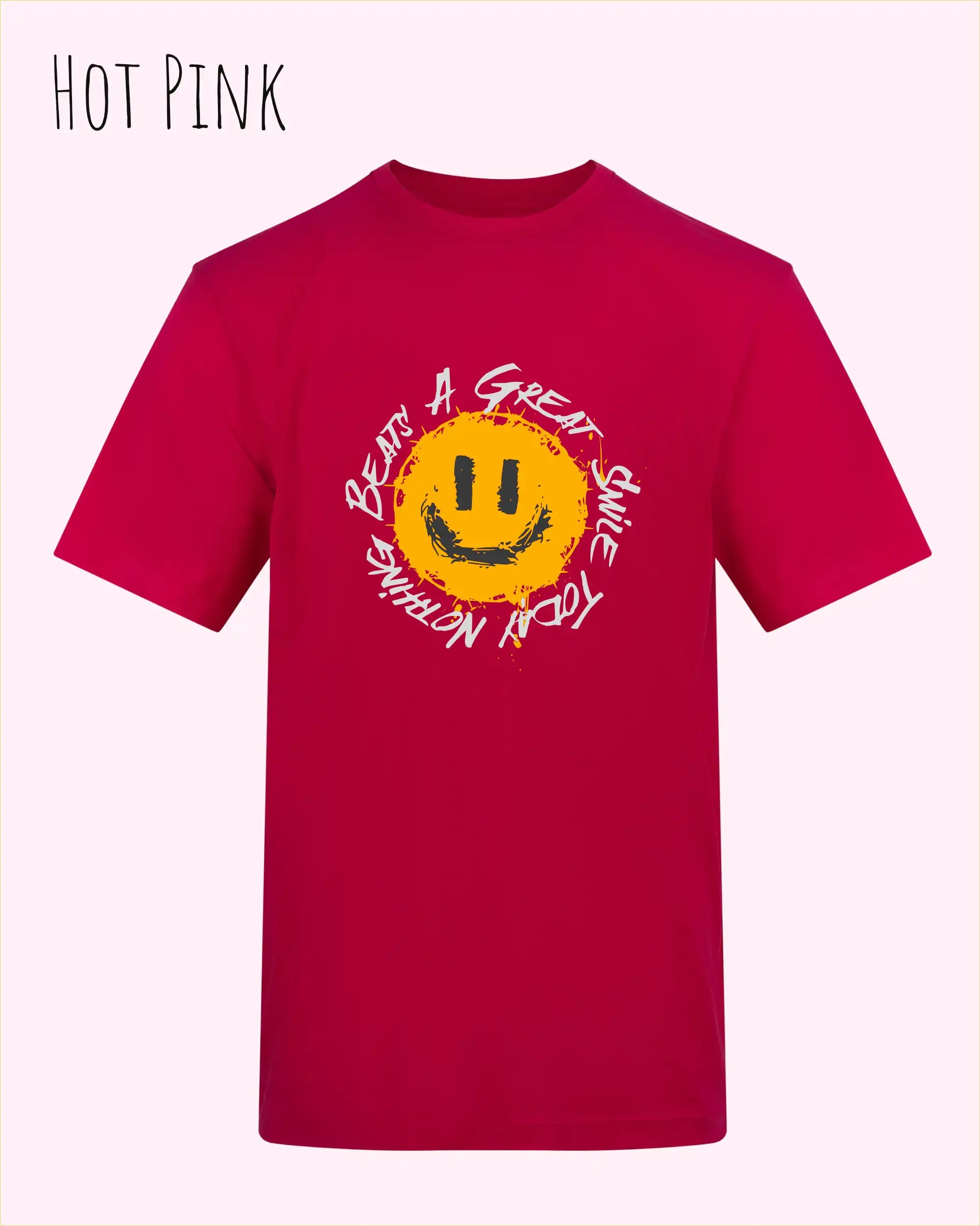 Das Bild zeigt das T-Shirt AWDIS 180 T in der Farbe hot pink mit dem Design Nothing beats a great smile.