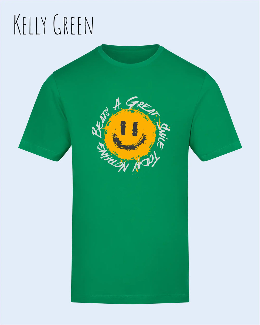Das Bild zeigt das T-Shirt AWDIS 180 T in der Farbe kelly green mit dem Design Nothing beats a great smile.