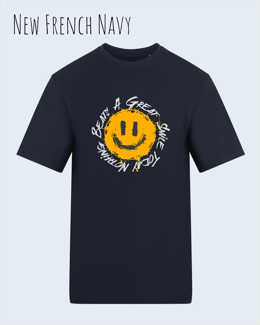 Das Bild zeigt das T-Shirt AWDIS 180 T in der Farbe new french navy mit dem Design Nothing beats a great smile.