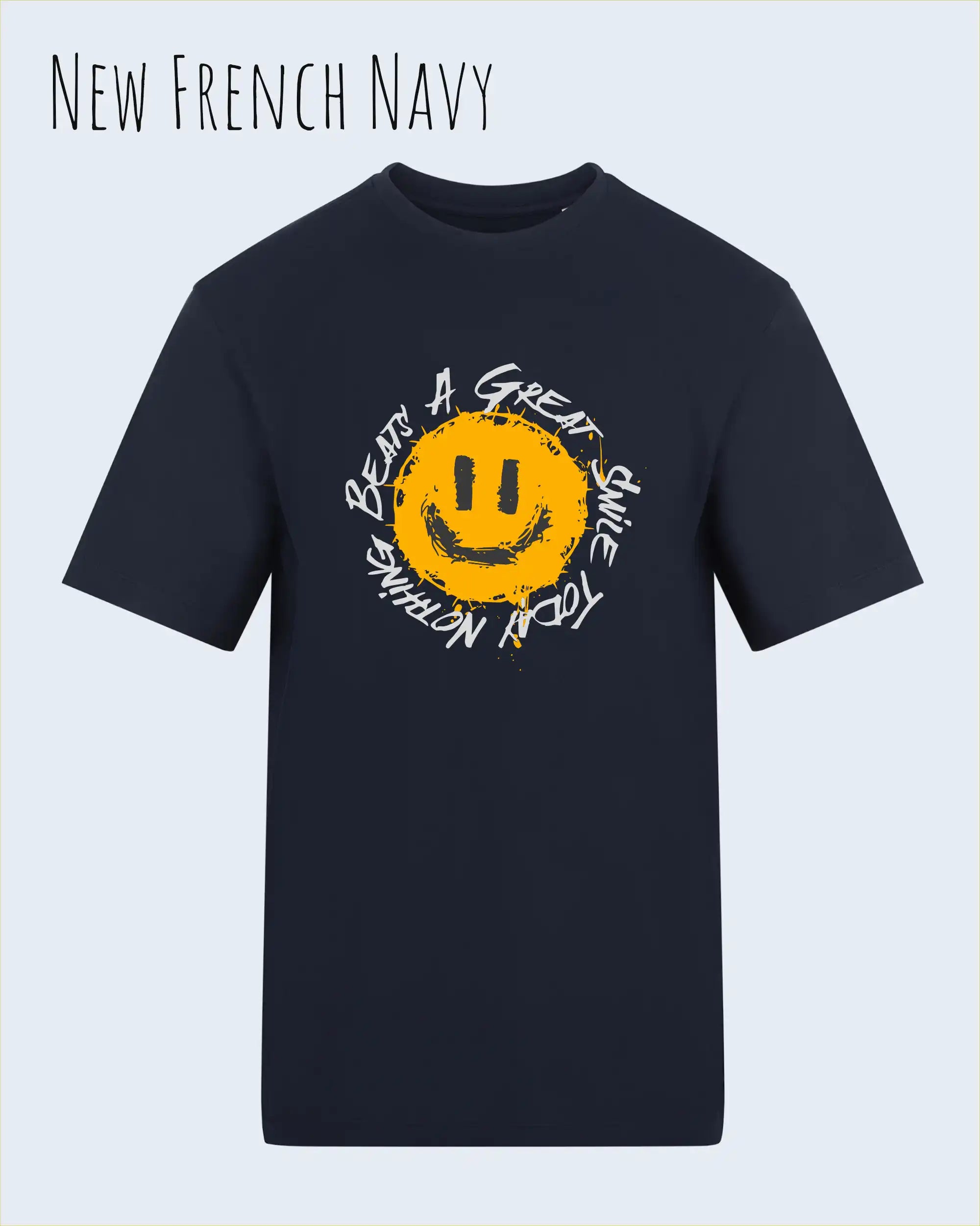 Das Bild zeigt das T-Shirt AWDIS 180 T in der Farbe new french navy mit dem Design Nothing beats a great smile.