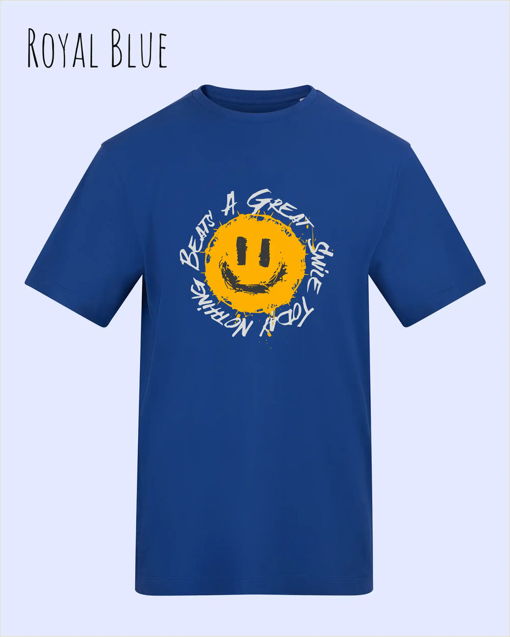 Das Bild zeigt das T-Shirt AWDIS 180 T in der Farbe royal blue mit dem Design Nothing beats a great smile.