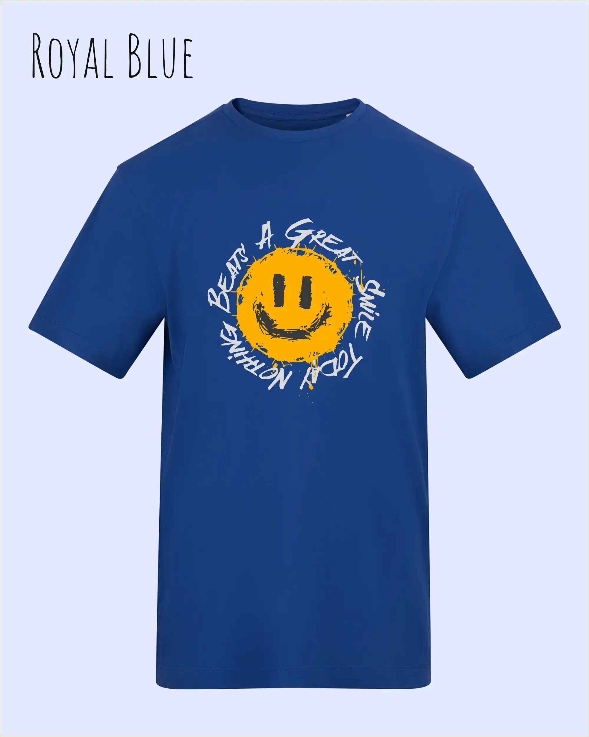 Das Bild zeigt das T-Shirt AWDIS 180 T in der Farbe royal blue mit dem Design Nothing beats a great smile.