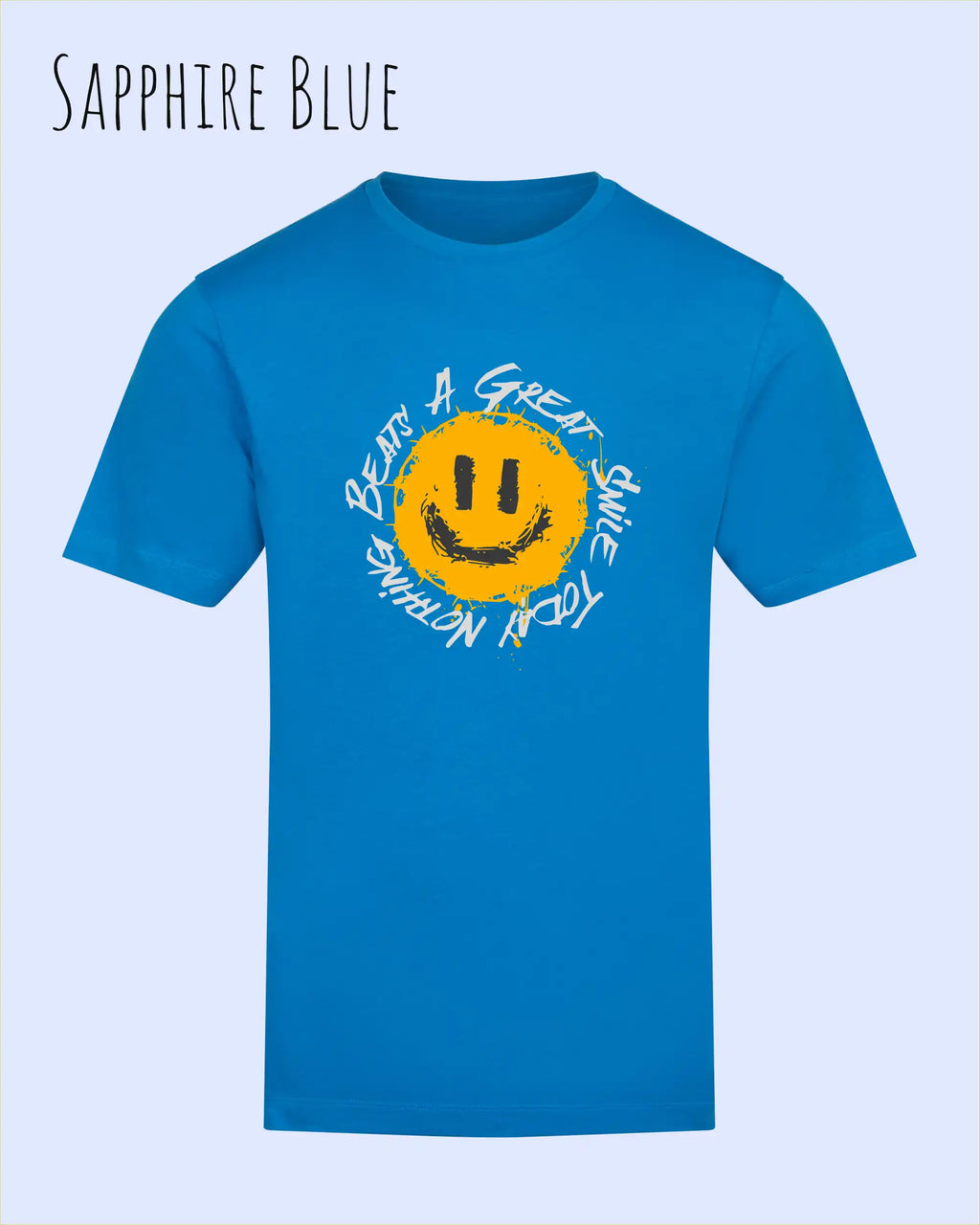 Das Bild zeigt das T-Shirt AWDIS 180 T in der Farbe sapphire blue mit dem Design Nothing beats a great smile.