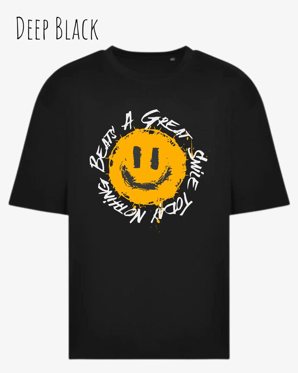 das bild zeigt das oversized heavyweight t-shirt awdis 240 t in der farbe deep black mit dem design nothing beats a great smile today.