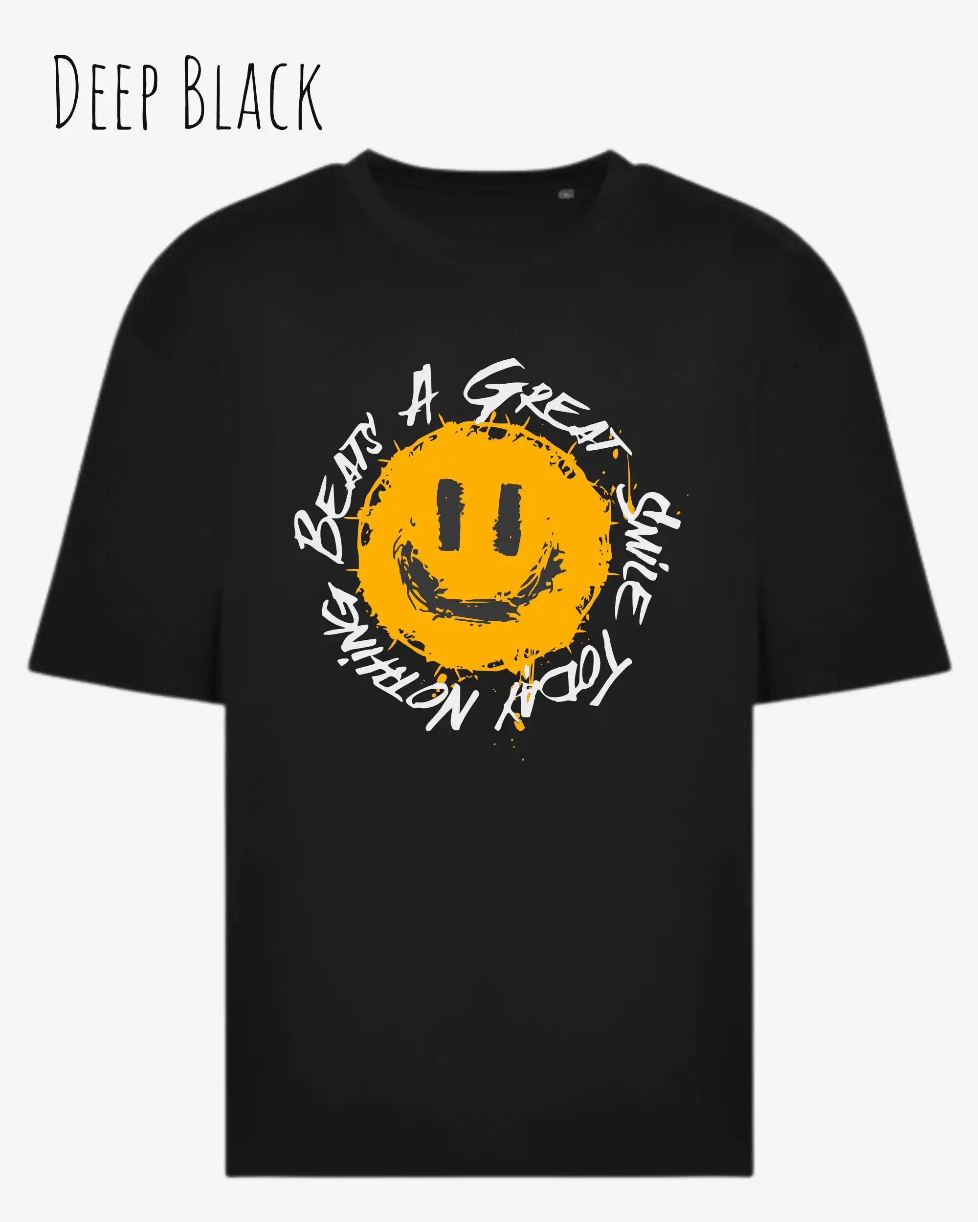 das bild zeigt das oversized heavyweight t-shirt awdis 240 t in der farbe deep black mit dem design nothing beats a great smile today.