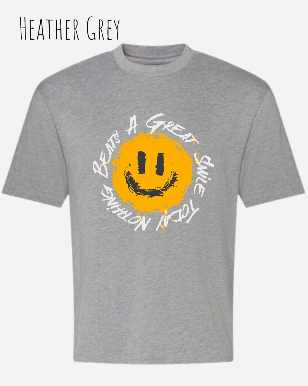 das bild zeigt das oversized heavyweight t-shirt awdis 240 t in der farbe heather grey mit dem design nothing beats a great smile today.