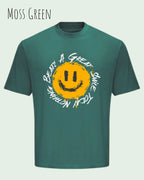 das bild zeigt das oversized heavyweight t-shirt awdis 240 t in der farbe moss green mit dem design nothing beats a great smile today.